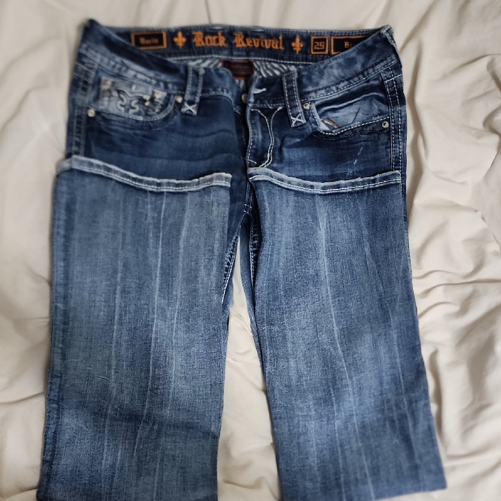 Rock Revival Blue Ankle Cropped Jeans with Decorative Stitching